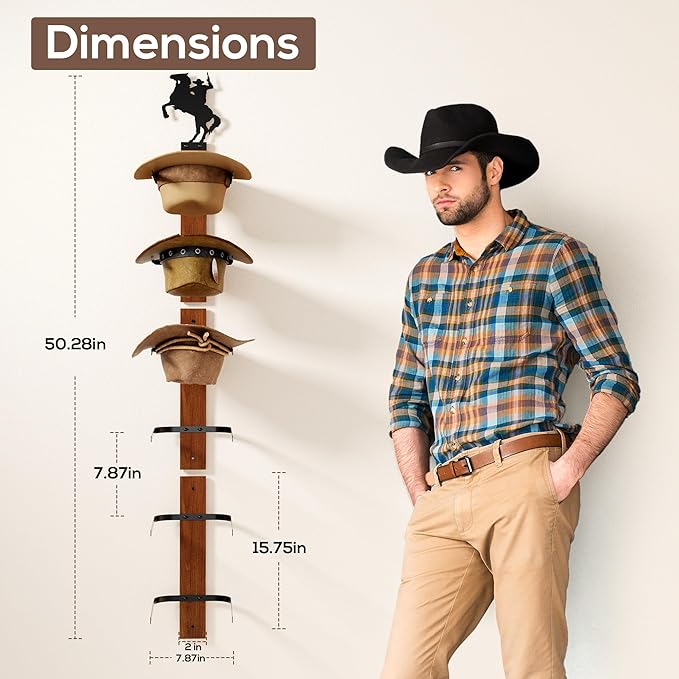 Cowboy Hat Rack for Wall – 3-Piece Wooden & Metal Western Hat Holder, Rustic Rider Sign Decor, Holds up to 6 Hats, Wall Mounted Cowboy Hat Organizer & Storage Display Rack for Cowboy Room Decor