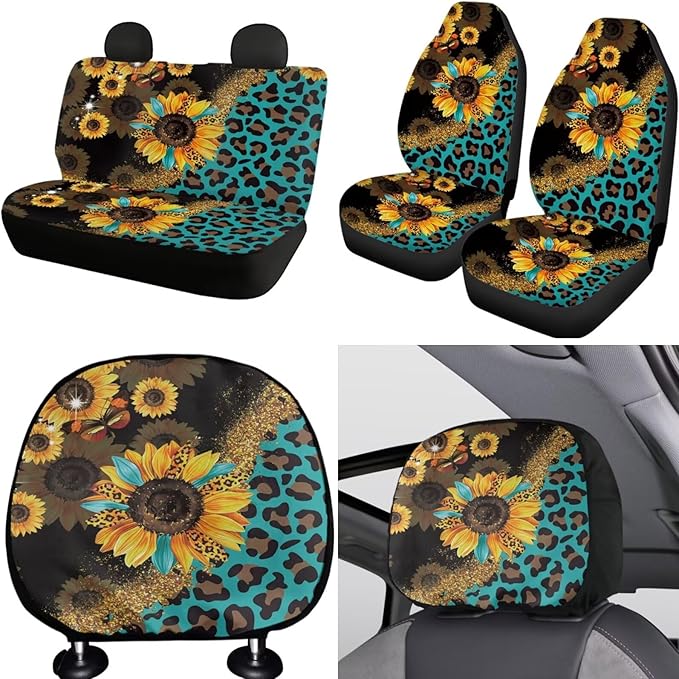 FKELYI Full Set Car Interior Accessories - Sunflower Leopard Seat & Headrest Covers, Steering Wheel, Gear Shifter & Handbrake Covers, Cup Coasters