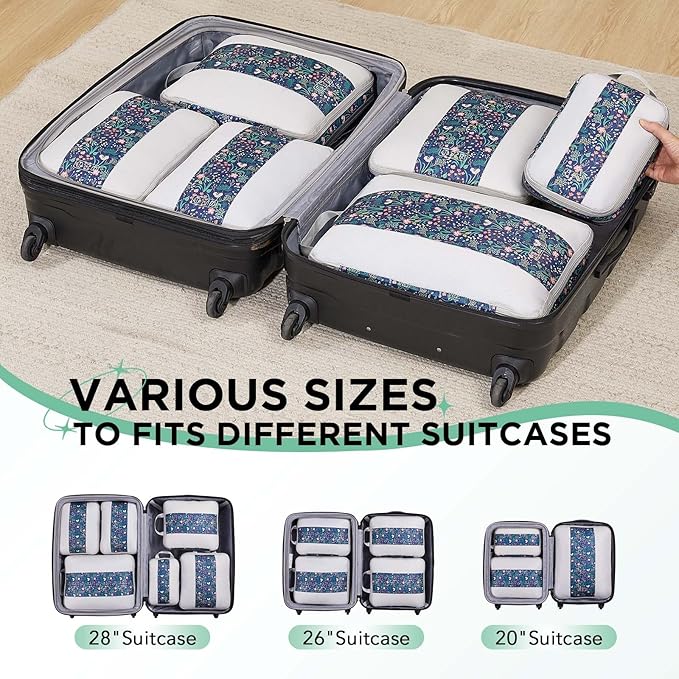 6 Set Compression Packing Cubes for Travel Essentials,Compressible Expandable Packing Cubes for Suitcase,OlarHike Luggage Organizer Bags for Travel(Dark Blue Floral)