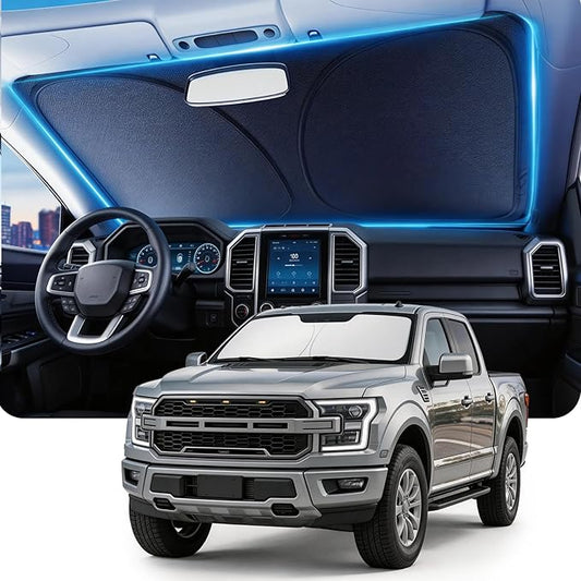 DMJN Windshield Sun Shade for Ford F150 F250 F350 F450 (2015-2020), Car Sunshade for Front Windshield [100% Efficient Block UV & Scorching Sun] UPF50+ Heat Block - Protect Interior & Keep Cooler