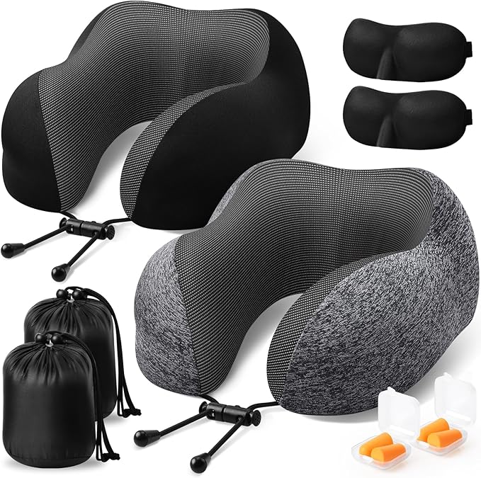 Travel Pillow, 2 Pack Travel Pillows for Sleeping Airplane, Removable Cover Neck Pillow with Adjustable Clasp, Memory Foam Neck Pillow Set (Dark Grey & Black)