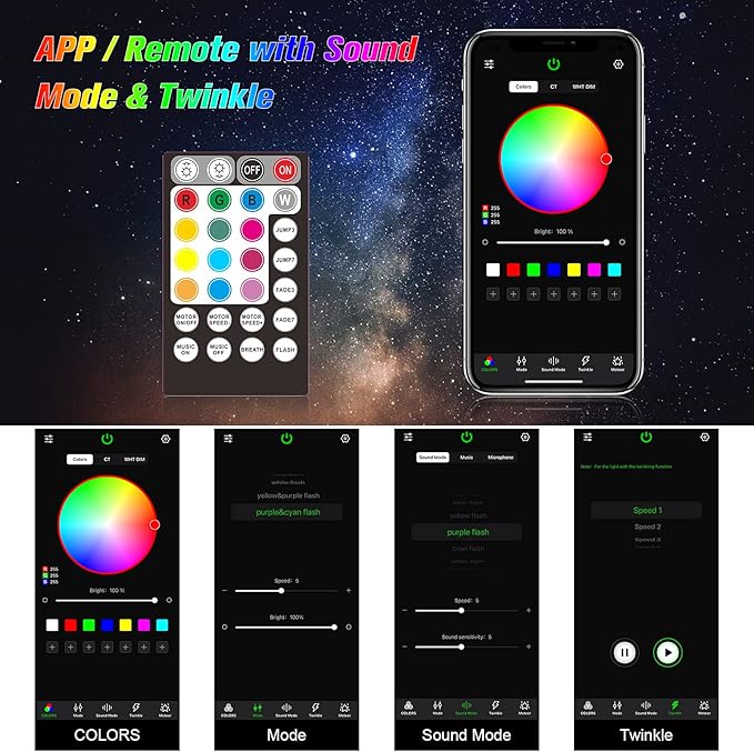 CHINLY Twinkle 500pcs 9.8ft (0.03in+0.04in+0.06in) Fiber Optic Lights Star Headliner kit, Music Mode Bluetooth APP Control Remote, RGBW Twinkle Star Lights for Star Headliner/Theater/Home Ceiling