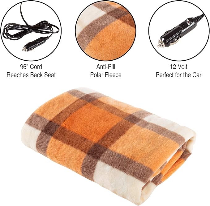 Heated Blanket - 12-Volt Electric Blanket for Car, Truck, SUV or RV - Portable Winter Car Accessories for Camping or Travel by Stalwart (Orange Plaid)