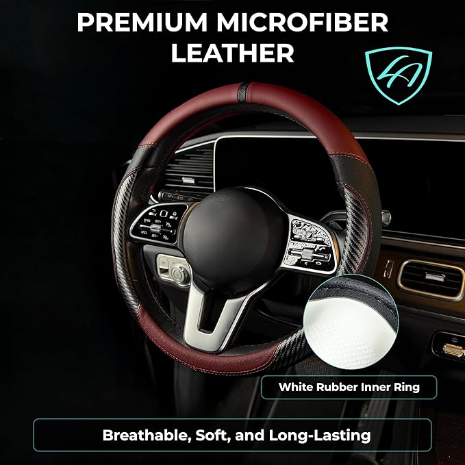Lord Autofashion Steering Wheel Cover – PU Leather, Non-Slip Rubber Inner, All-Season Comfort – 14.5–15 Inch (Black/Maroon 7685)