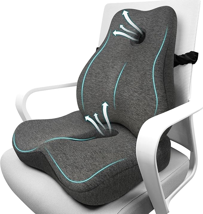 Seat Cushion & Lumbar Support Pillow Set for Office Chair, Ergonomic Pillow for Sciatica Pain Relief, Memory Foam Back Support Pillow & Chair Cushion for Car seat, Desk Chair (Grey)