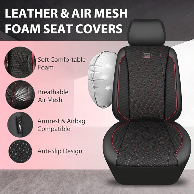 CAR PASS Thick Foam 3D Air Mesh Leather Car Seat Covers Front Seats Only, Breathable Premuim Leather Two Front Seat Cover, Airbag Compatible Universal Fit for 95% Sedan Van Truck SUV,Black and Red
