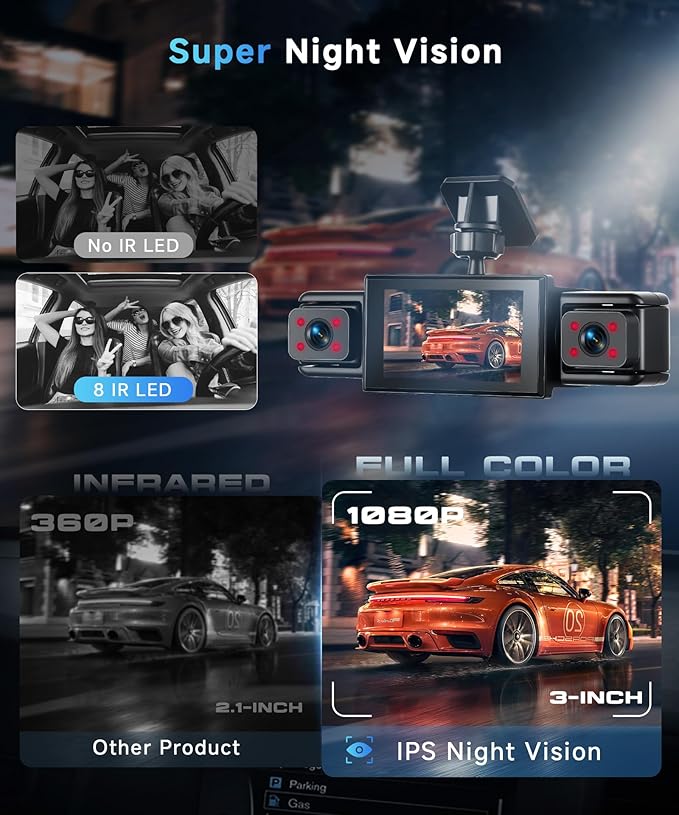 360° Dash Cam Front and Rear Inside Left Right, 3 Inch 4 Channel FHD 1080P Dash Cam for Cars, IPS Dashcams with Night Vision, Loop Recording, 24H Parking Mode Monitor, Reverse View