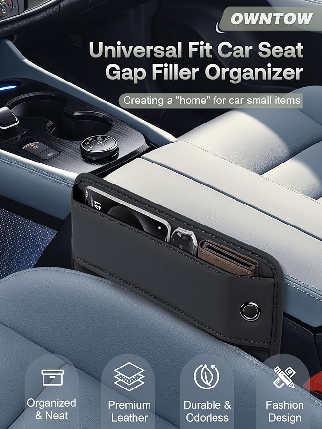 Premium Leather Car Seat Gap Filler Organizer (0.2”-1.2" Gaps), Clever Gifts for Car SUV Truck Owners (Black, 1 Pack)
