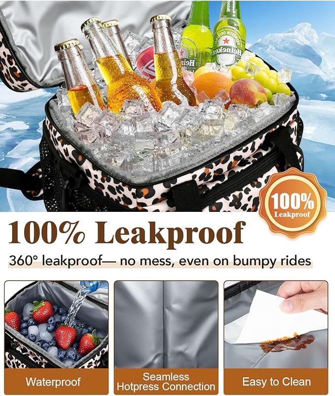 Insulated Lunch Bag for Women, Double Leakproof Lunch Box Soft Cooler Tote with 5 Pockets, 600D Oxford, EVA Lining, Adjustable Strap for Work, Picnic, Beach&Travel-Leopard Print