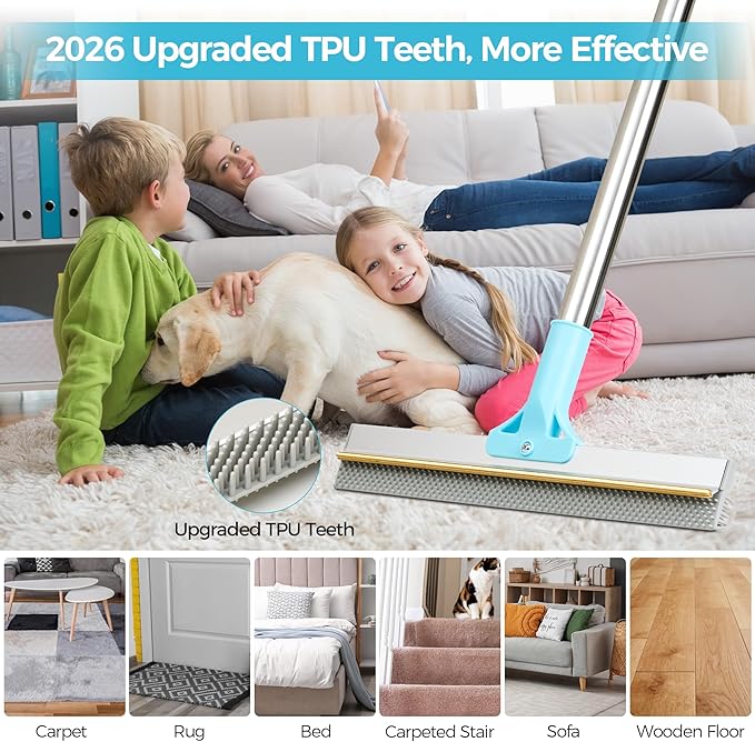 Carpet Rake for Pet Hair Removal, 2026 Upgraded Reusable Pet Hair Remover Broom, 54’’ Adjustable Long Handle Dog & Cat Carpet Rake,2 Pcs Carpet Brush Rake for Rugs, Mats, Couch, Furniture