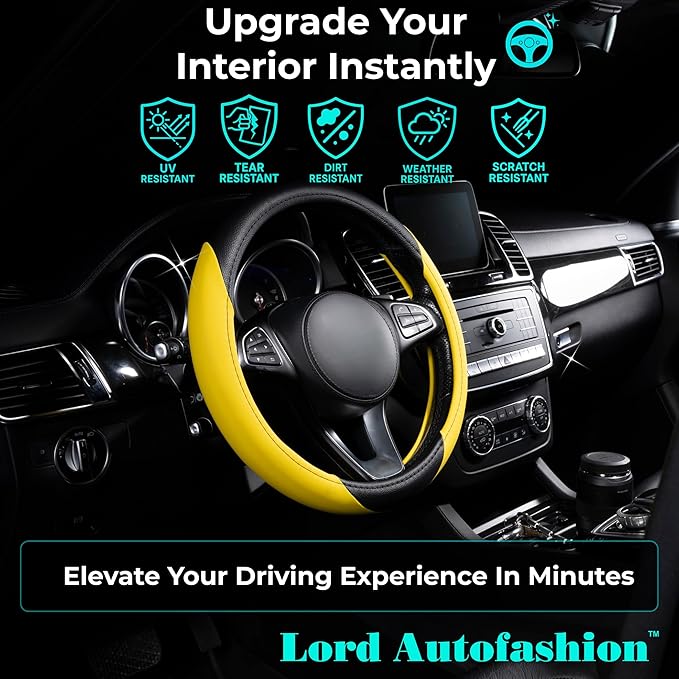 Lord Autofashion Steering Wheel Cover – PU Leather, Non-Slip Rubber Inner, All-Season Comfort – 14.5–15 Inch (Black/Yellow 7414)