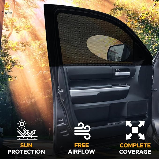 EcoNour Car Front Side Window Sun Shades Compatible for Toyota Tundra | 2Pack Breathable Super Stretchy Mesh Sun Shade | Heat Block UV Protection Car Window Screen Covers | Mosquito Net Curtains