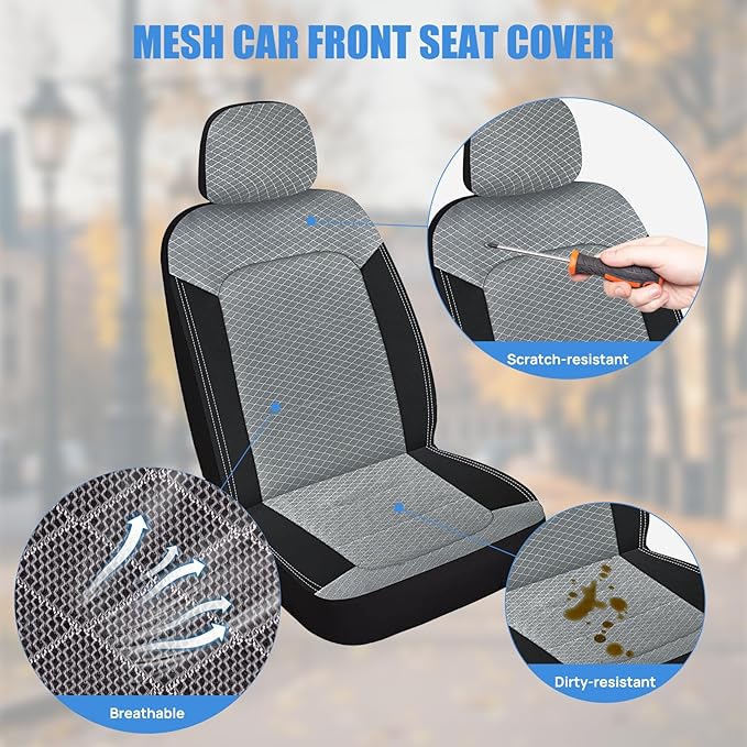 Nilight Car Seat Cover 2PCS Black Grey Breathable Mesh Interior Covers with Removable Headrest Airbag Compatible Universal for Cars Truck and SUV Front Seats
