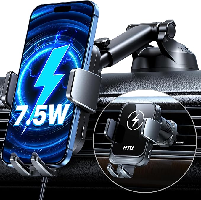 HTU 2026 Upgraded Smart Car Phone Holder Wireless Charger, 7.5W-15W Wireless Charger for Magsafe [Excellent Strudiness] One-Handed Auto Clamping, Compatible Dashboards Air Vents and Windshields,Black