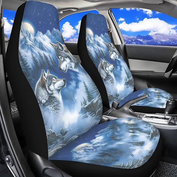 Forest Wolf Car Seat Covers Universal Front Car Seats Breathable Anti-Slip Back Fabric Removable Automotive Accessories Suitable for Cars SUV