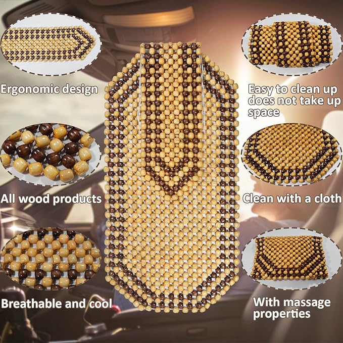2X Natural Wood Beaded Auto Car Seat Bead Cover,Front seat Natural Wooden Cool Refreshing Back Massaging Comfort Cushion Mat,Premium Quality Universal for Car Truck on Summer