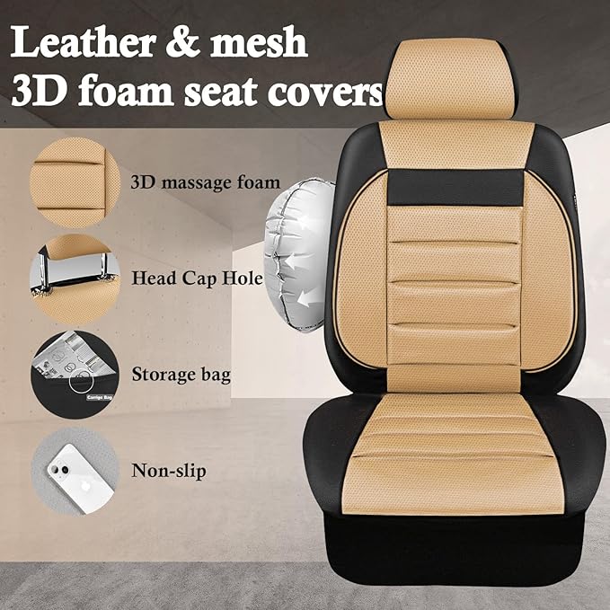 CAR PASS Faux Leather Car Seat Covers Front Seats Only, 3D Foam Support Car Seat Covers, Universal fit for Trucks Vans SUVs Sedans Automotive Comfortable, Airbag Compatible 2 Pieces Front Black Beige