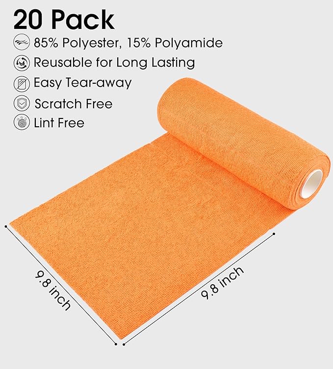 KitchLife Microfiber Cleaning Cloth Roll - Tear-Away Reusable Microfiber Paper Towels, Lint-Free, Washable, 20 Sheets for Kitchen, Car, Dishes, and Sensitive Surfaces (Orange)