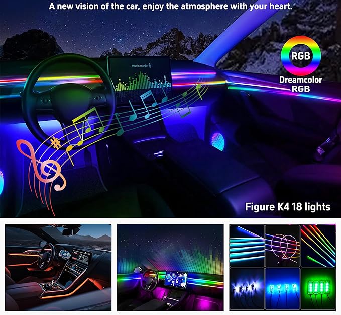 Acrylic Interior Car LED Strip Lights, Colorful 22-in-1 Car Ambient Lighting Kit, with APP Control, 622 LED Fiber Optic Strip Lights for Cars, Supports Neon Sync with Music DIY Mode.