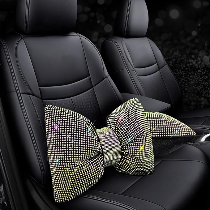 ChuLian 2 PCS Bling Car Pillow, Rhinestones Bowknot Neck Pillow, Car Headrest Neck Cushion Pillows, Sleeping Travel Support Neck Pillow, Colorful Diamond Interior Bling Accessories for Women