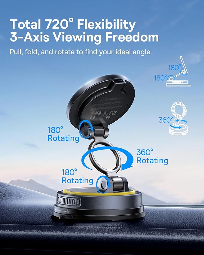 Baseus Vacuum 15W for Magsafe Car Mount Charger, 119LBS Suction Cup 720° Adjustable Magnetic Car Charger Phone Holder, Foldable Cell Phone Holder with Reusable Washable Gel for Car & for 17to13 iPhone