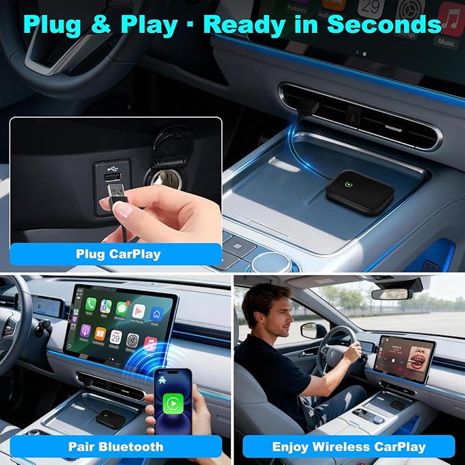 Wireless CarPlay Adapter for iPhone, Apple CarPlay Wireless Adapter USB-C, Bluetooth Connection, Auto-Switch for Multiple iPhones, Fast & Stable, iOS 10+ (Stealth Black)