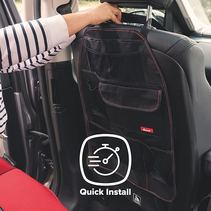 Diono Stow 'n Go Car Back Seat Organizer for Kids, Kick Mat Back Seat Protector, With 7 Storage Pockets, 2 Drinks Holders, Water Resistant, Durable Material, Black (Pack of 2)