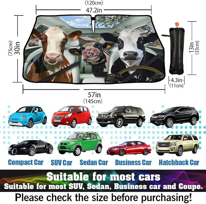 Socira Cow Car Windshield Sunshade Umbrella Foldable Cattle Umbrella Driver Sun Shade Windshield Cover Funny Sunshade Cow Car Accessories Blocks Uv Rays Keeps Cool (57" X 30")