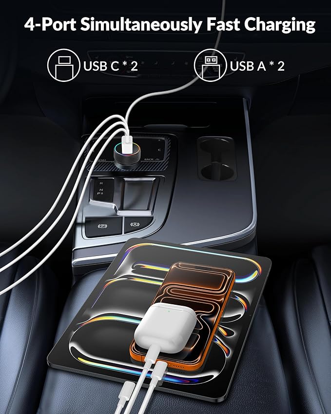 2 Pack USB C Car Charger, 90W 4-Port Cigarette Lighter USB Charger Multiport Type C Super Fast Car Phone Adapter Accessories for iPhone 17 16 15 14 13 12 Pro Max, iPad, Galaxy S26 S25 S24, Android