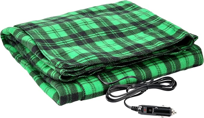 Heated Blanket - 12-Volt Electric Blanket for Car, Truck, SUV, or RV - Portable Winter Car Accessories for Camping or Travel by Stalwart (Green and Black Plaid)