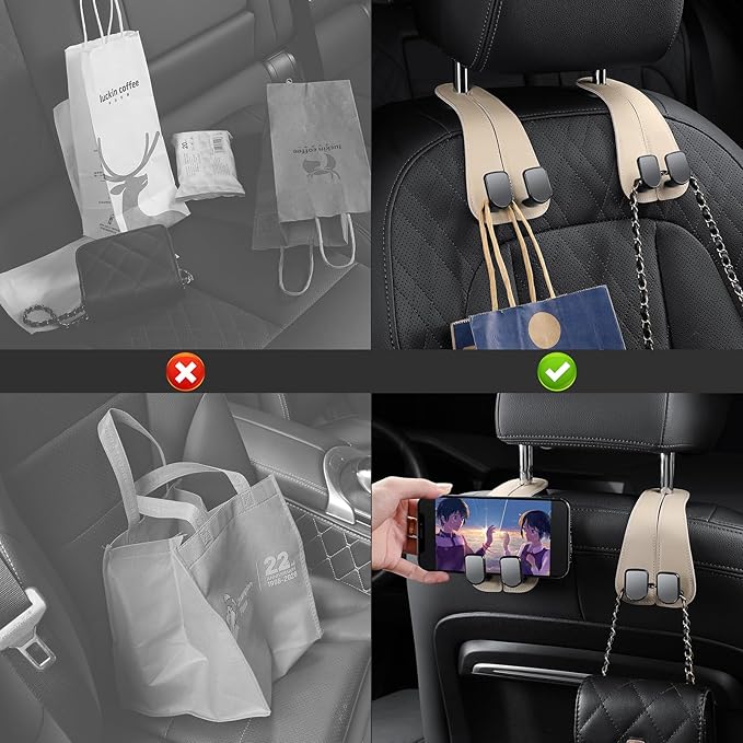 2 Pack KAFANLIN Car Headrest Hooks for Purses and Bags Cute Leather Car Seat Back Head Rest Double Hooks for Bags Cute Pink Beige Car Accessories Headrest Back Seat Handbags Hook (Beige 2 Pack)