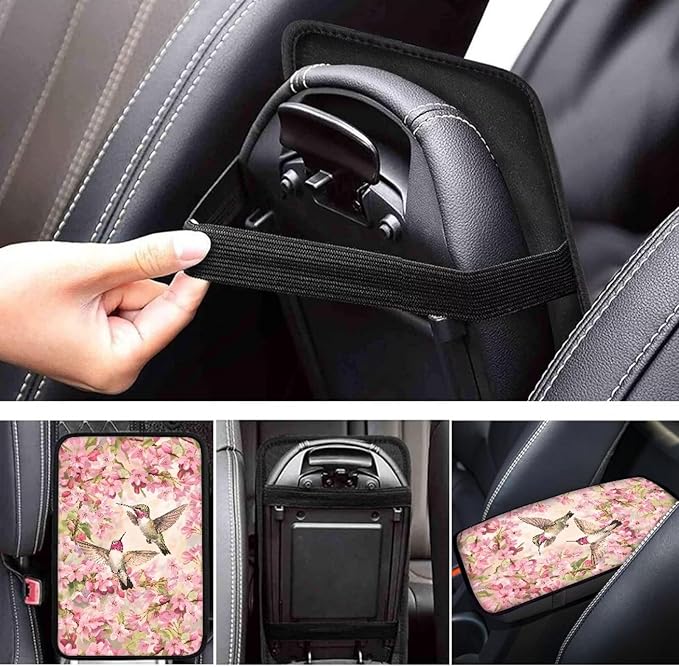 Pink Flower Hummingbirds Universal Center Console Armrest Soft Pad Protector Cover Center Console Cushion Fits for Most Vehicle,SUV,Truck Car Accessories