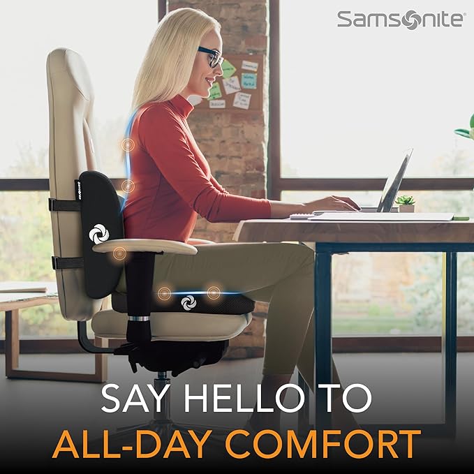 Samsonite Ergonomic Seat Cushion and Lumbar Support Cushion Combo, Memory Foam Office Chair for Back Support, Car Seat and Wheelchair Ergonomic Pillow, Premium Home and Office Desk Accessories
