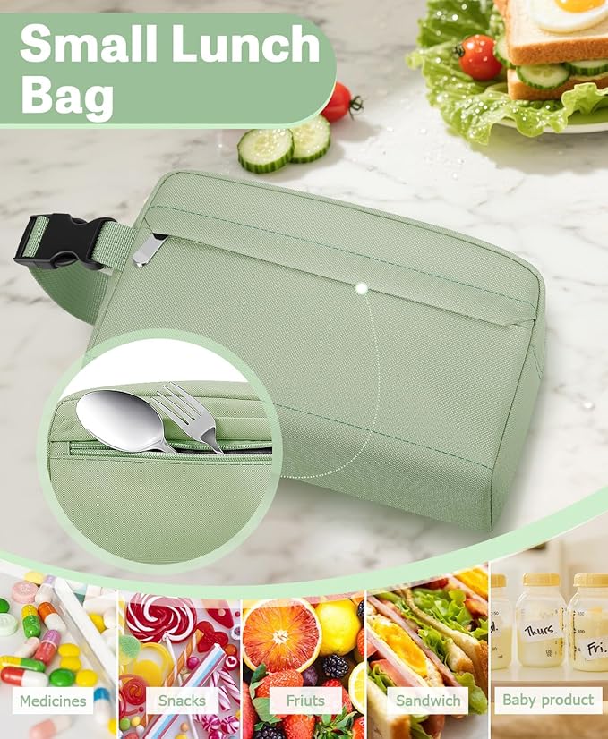 Small Insulated Snack Bag Lunch Bag for Kids Lunch Box for Women/Men, Collapsible [3L/5-Can] Reusable Lunch Bag Cooler Bag for Bottle with Handle Buckle for Work School Travel (Green)