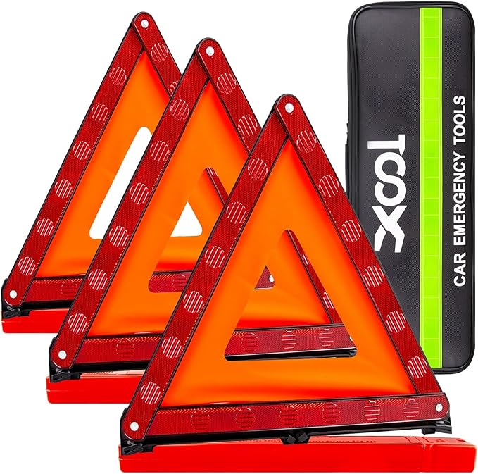 XOOL Warning Triangle, Emergency Warning Triangles for Vehicles, Reflective Triangle, Emergency Warning Reflector Safety Triangle Kit with Carry Case, 3-Pack