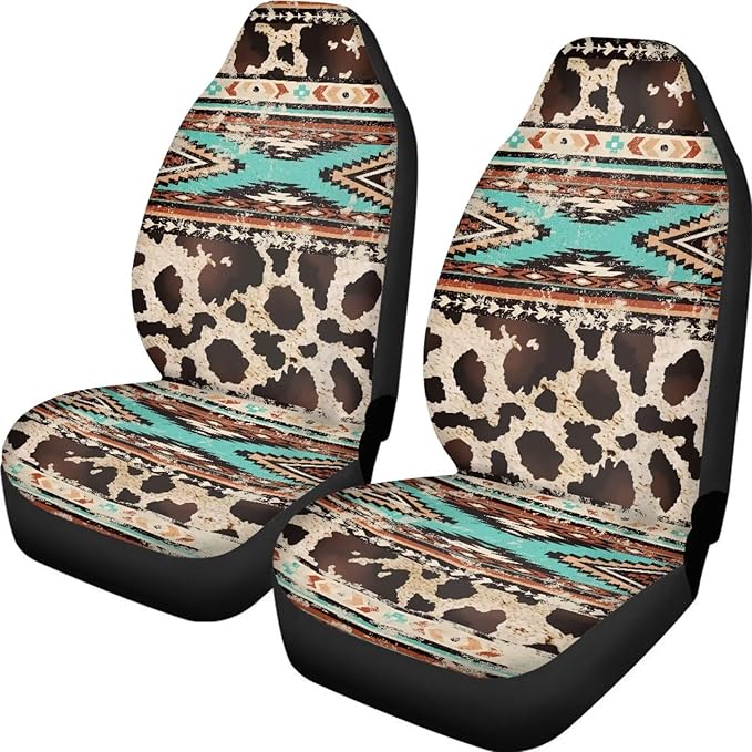 Car Seat Covers Front Seats Only for Women Men Auto Seat Covers Set of 2 Pack Bucket Cover for Cars SUV Truck Sedan, Easy to Install（Aztec Ethnic Cow Leopard Print 83）
