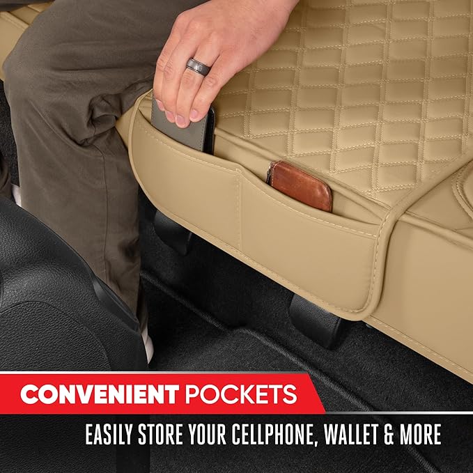 Motor Trend Rear Seat Cushion - Beige Diamond Stitched Faux Leather Rear Seat Cover for Cars, Trucks, SUVs - Padded, Waterproof, Non-Slip Back Seat Cover with Storage Pockets