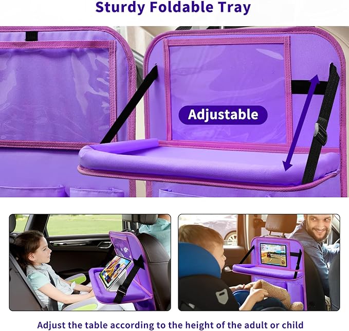 Car Backseat Organizer with Tray, Seat Back Table Holder with 6 Storage Pockets, Car Seat Back Protectors Kick Mats Travel Accessories, 1 Pc Purple