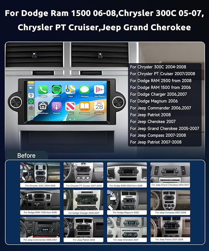 6+128G for Dodge Ram 1500 06-08,Chrysler 300C 05-07,Chrysler PT Cruiser,Dodge Magnum,Jeep Commander/Patriot,Jeep Grand Cherokee Android Car Stereo Wireless Carplay Android Auto,6.2“ for Ram Radio
