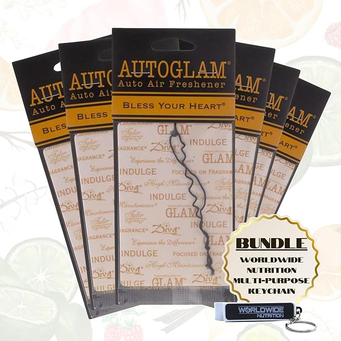 Worldwide Nutrition Bundle Tyler AutoGlam Car Air Fresheners - Bless Your Heart Scent Car Fresheners - 6 Pack Tyler AutoGlam Car Air Freshener and Multi Purpose Key Chain