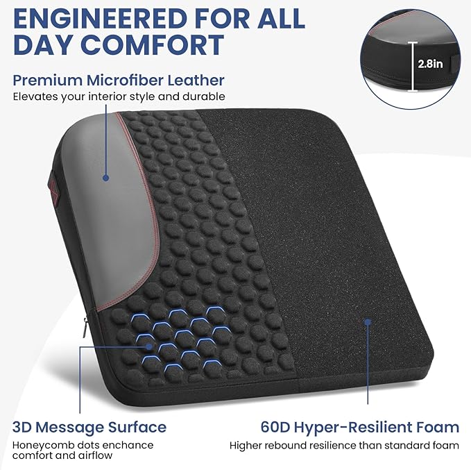 Car Seat Cushion for Driving, Driver Seat Pad with Honeycomb Message Dots - Ergonomic Auto Car Seat Pillow for Long Drives, Office Chair, Truck, Wheelchair - Coccyx & Lower Back Pain Relief - Black
