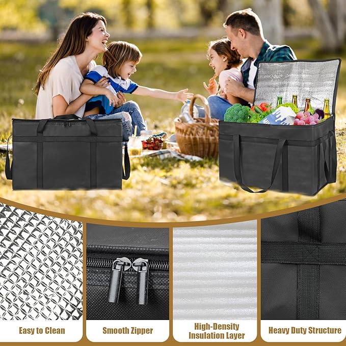 PEASUG 2PCS Insulated Bags for Food Delivery, XXXL Pizza Delivery Bags, Large Capacity Cooler Bag Keep Food Warm for Grocery Shopping and Catering, Foldable, Heavy-Duty (Black)