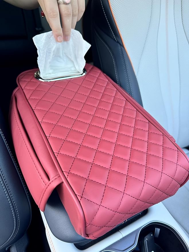 Upgraded Multi-Functional Car Center Console Cover, PU Leather Armrest Pad Cushion with Memory Foam Cushion, 2 Storage Pockets, Tissue Box Hole for Sedan Vehicles, 7 Colors (Red)