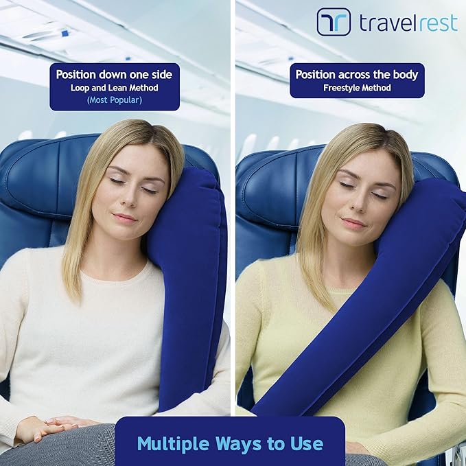TRAVELREST All-in-One Travel Neck Support & Body Pillow - Airplane Pillow for Long Flight Comfort, Travel Essentials, Sleeping Accessories, Memory Foam, Headrest Support Seat for Car (Blue)