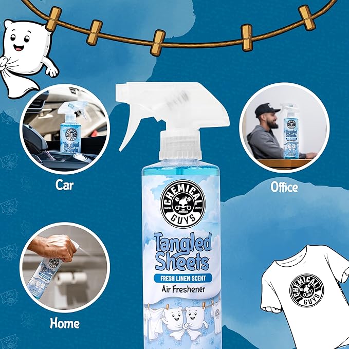 Chemical Guys Tangled Sheets Fresh Linen Scent Air Freshener Spray and Odor Eliminator, Clean Fabric Inspired Spray for Home, Office, Bathroom, Dorm, and Car Interior - 16 Fl Oz