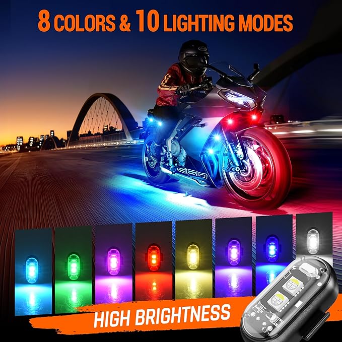 Wireless LED Strobe Lights Remote Control, 8 Colors USB Charing Waterproof Anti-Collision Flashing Emergency Warning Lights for Car Motorcycle Drone Aircraft Bike 4PCS