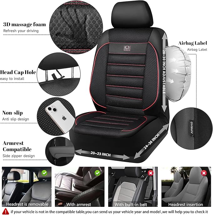 CAR PASS 3D Foam Leather Car Seat Covers Two Front Seats only, Air Mesh Thick Seat Covers, All Weather Car Seat Cover Comfort & Protection for Truck,SUV,Sedan,Van, Airbag Compatible Red