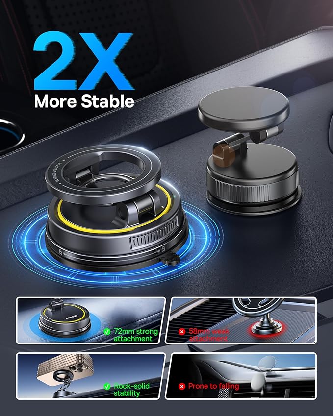 Baseus for Magsafe Car Mount, Vacuum 119LBS Magnetic Suction Cup Phone Holder for Car, 720° Adjustable Foldable Cell Phone Holder with Reusable Washable Gel for Car & for iPhone 17 16 15 14 13 Pro Max