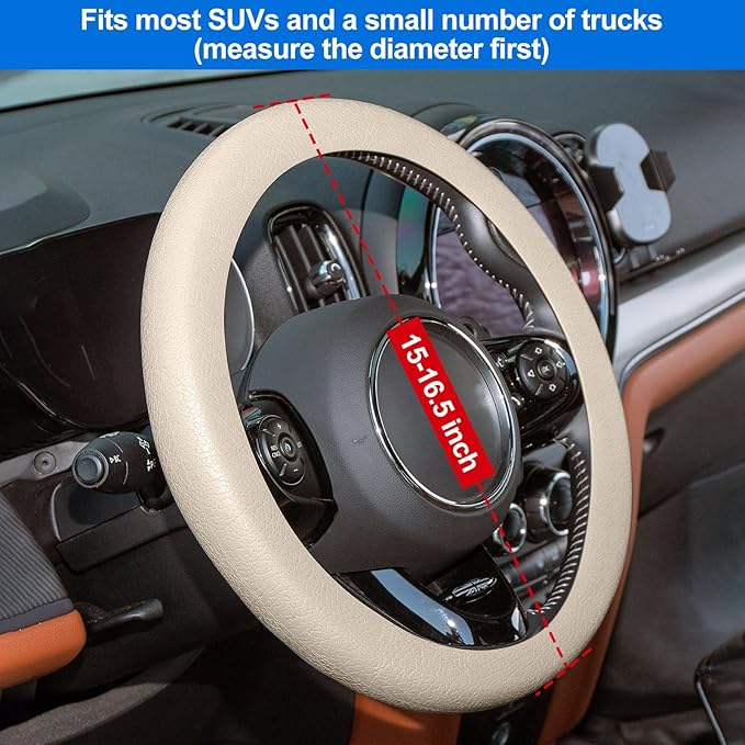 Spurtar Beige Car Steering Wheel Cover Men, Soft Thin Silicone Leather Texture Car Accessories for Women, Fit Diamenter 15" - 16.5"
