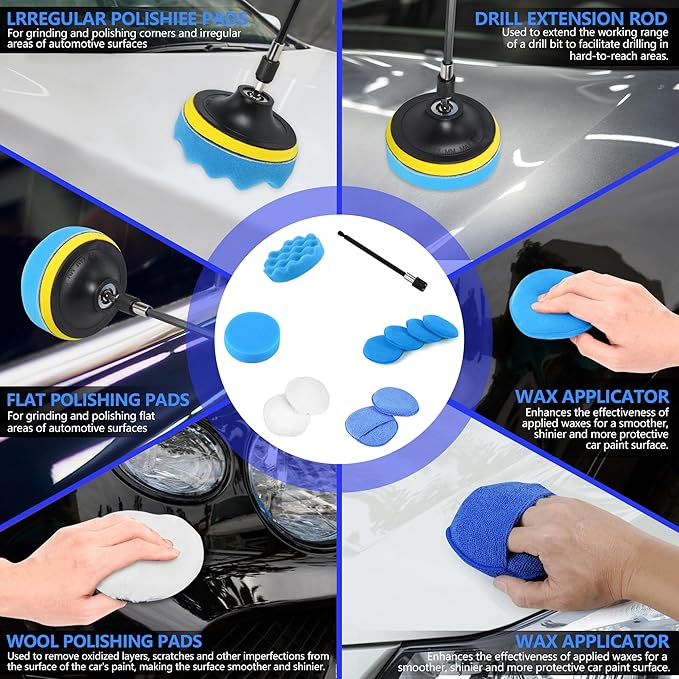 32Pcs Car Detailing Kit, Drill Brush Attachments with Detailing Brush Set and Tools Box, Blue Auto Cleaning Kit Interior for Dashboard, Wheels, Windows (C：32PCS-B)